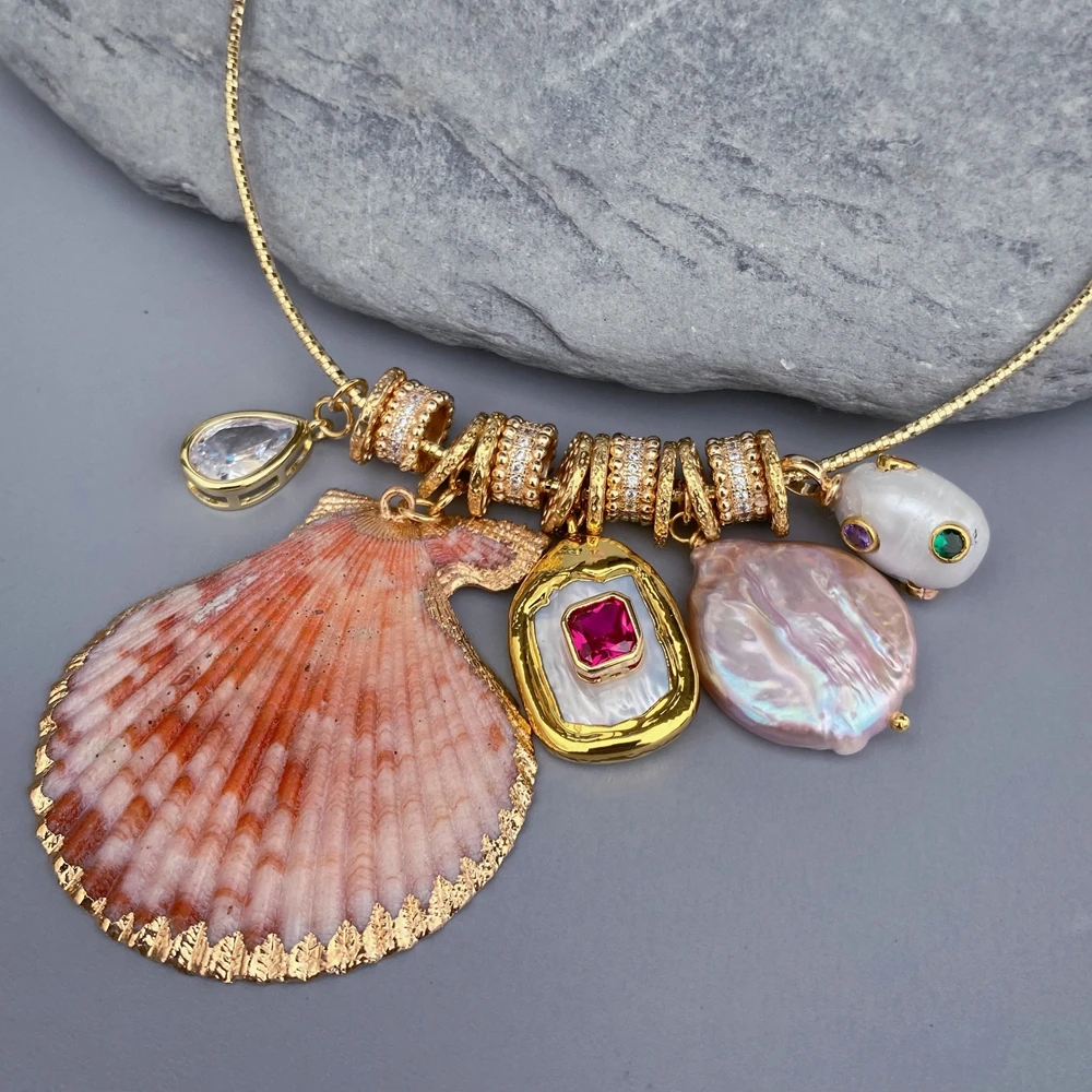 KKGEM natural fan shape snail cz pave charm keshi pearl gold plated chain necklace