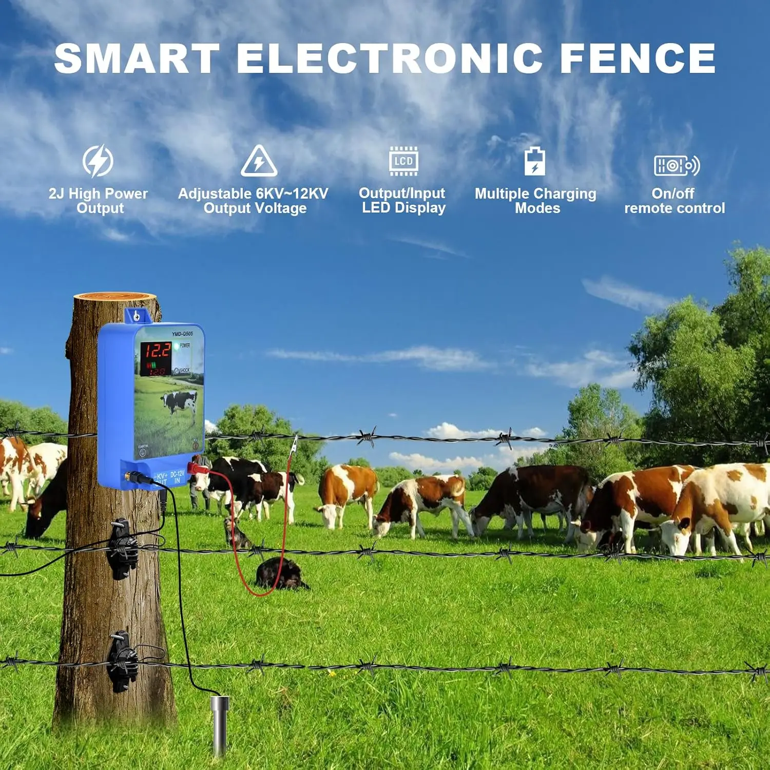 Electric Fence Energizer 10 KM/6.2Miles High Voltage Electronic Fence Kit for Livestock Farm Ranch Animal Poultry Fence Tool