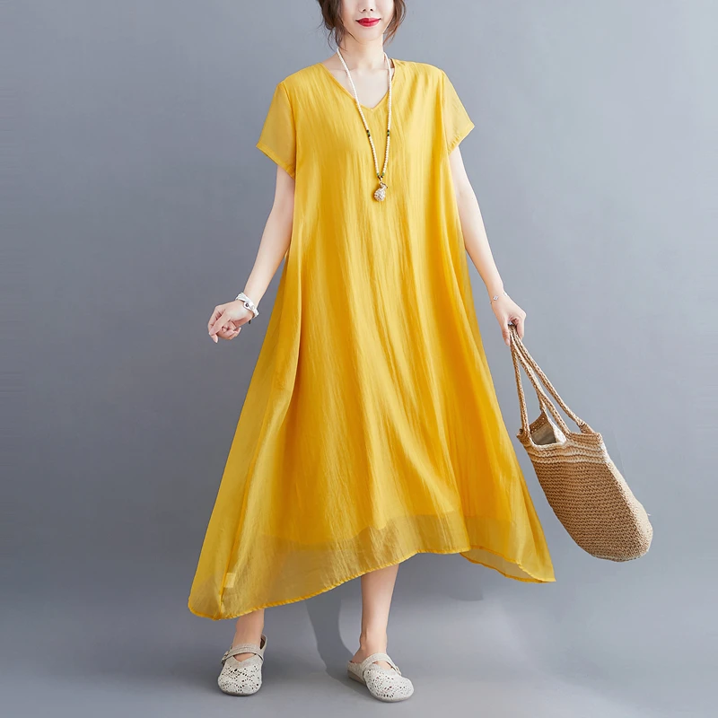 

New Summer plus Size Women's V-neck Silk Cotton Dress Loose Slimming High Waist Long Sleeve Citywalk Fashion Dress