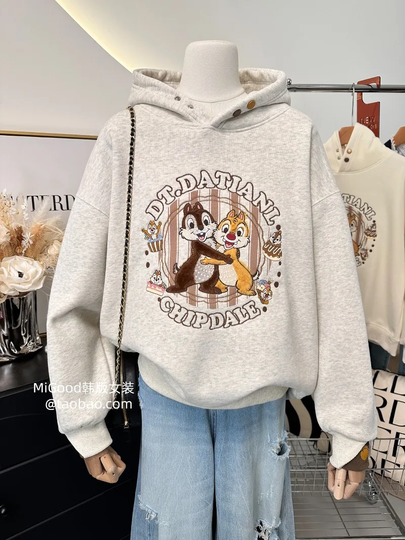 الثقيلة التطريز الكرتون نمط مزدوجة الأكمام تصميم فضفاض مقنعين الصوف سميكة البلوز الشتاء البلوز هوديس السيدات