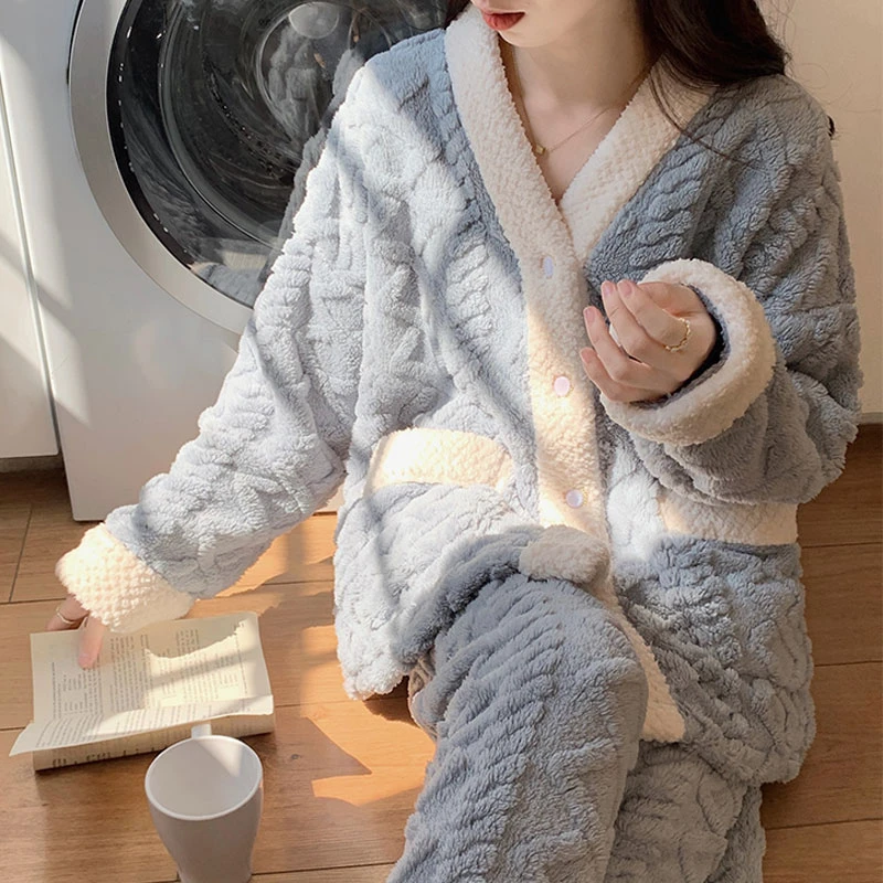 Ladies Pyjama Women Winter Flannel Pajama Set Fleece Pajamas Sleepwear Thick Warm Velvet Female Homewear Suit Cute Sweet Pijama