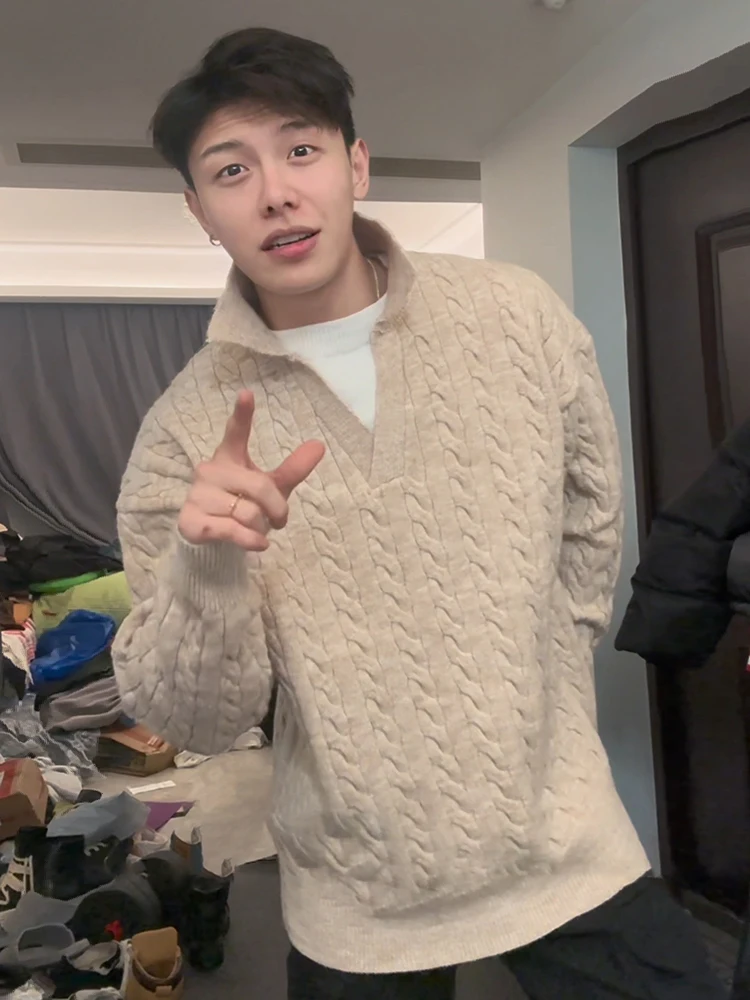 

Thiened Knitted Sweater Men's Sle Winter Faion V-ne Turtlene Inner Wear Twisted Double-layered Casual Outerwear