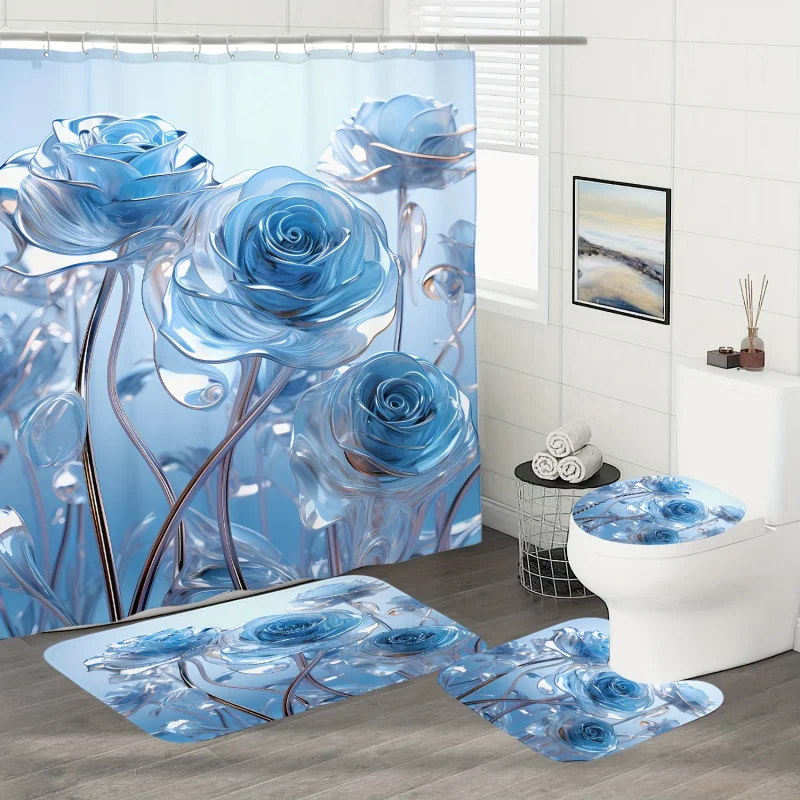 Blue Rose Floral digital print waterproof shower curtain set, modern home bathroom decor with rug and toilet lid cover, cordless