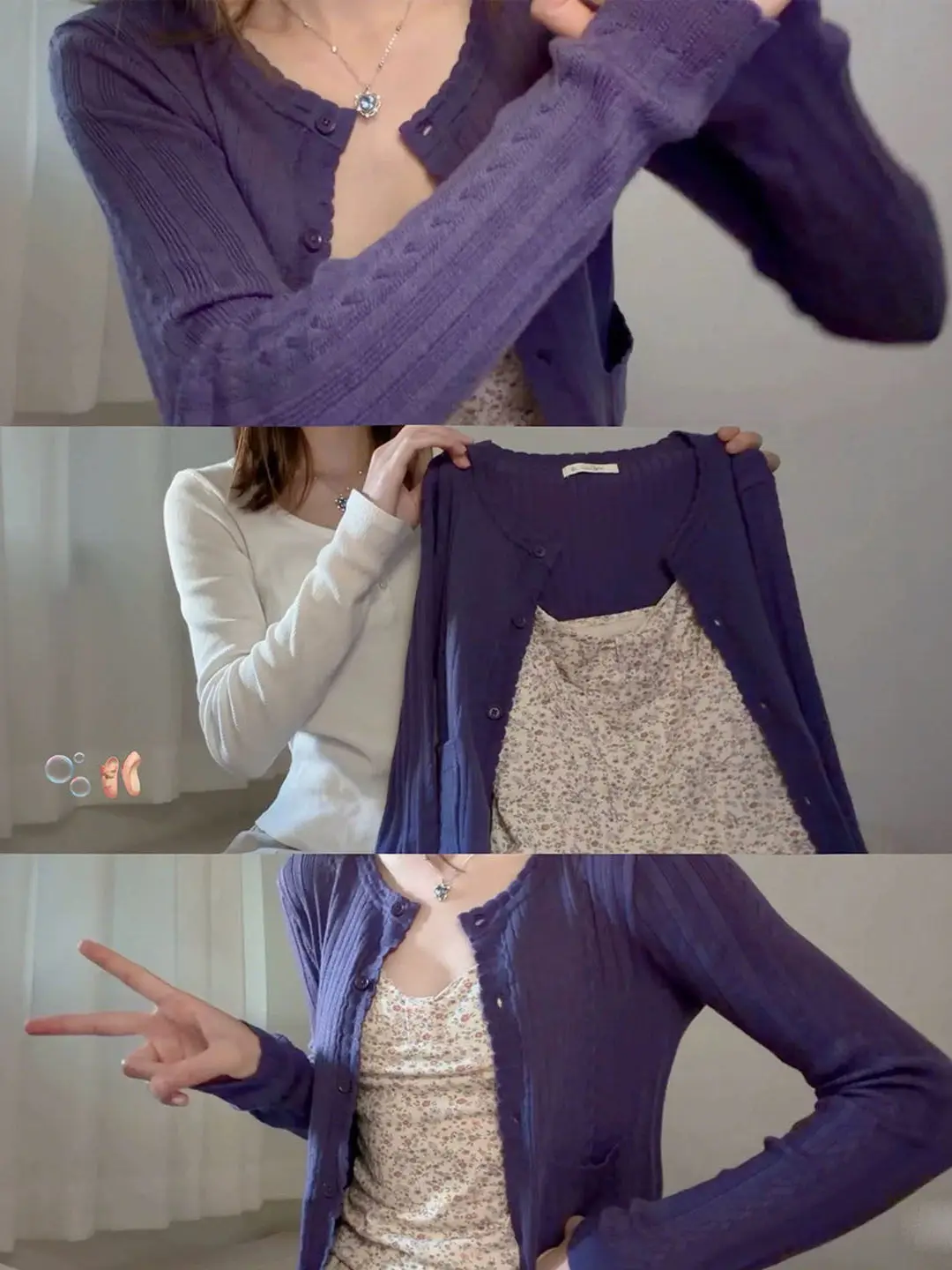 

Корейский мягкий фиолетовый вязаный кардиган с кружевом для женщин, весна 2026, укороченный, стройнящий, комфортный, средней мягкости, с длинными рукавами