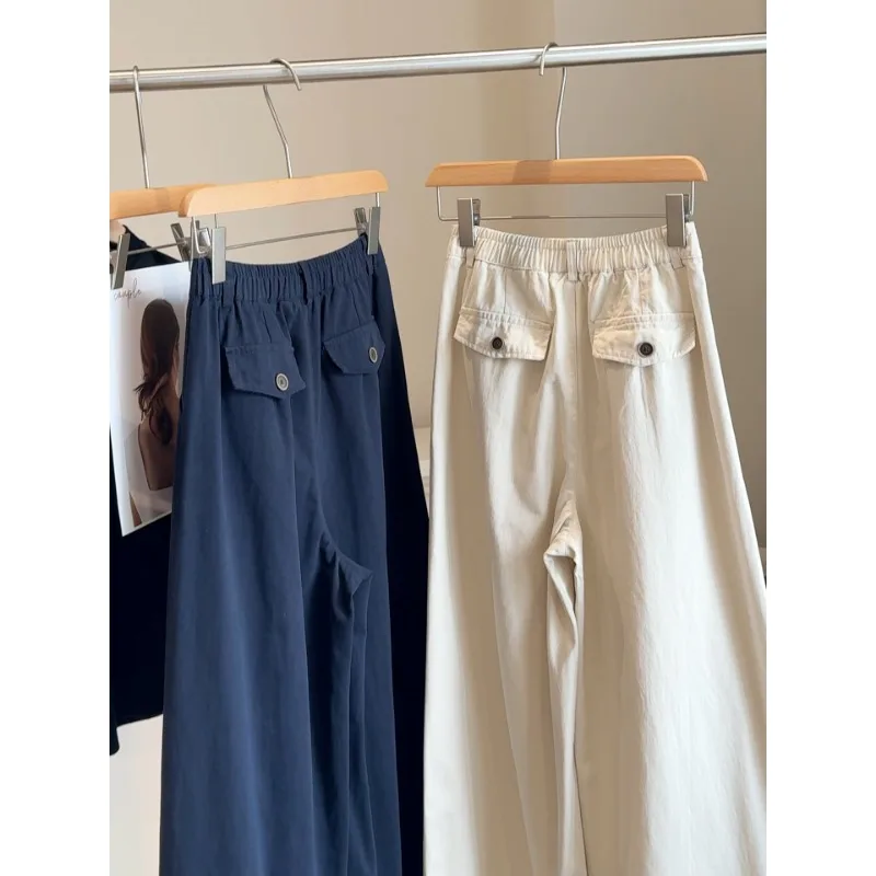 레트로 엘라스틱 하이웨이스트 워시드 코튼 여성 와이드 레그 팬츠 여성 루즈 캐주얼 솔리드 여성 스트레이트 레그 팬츠