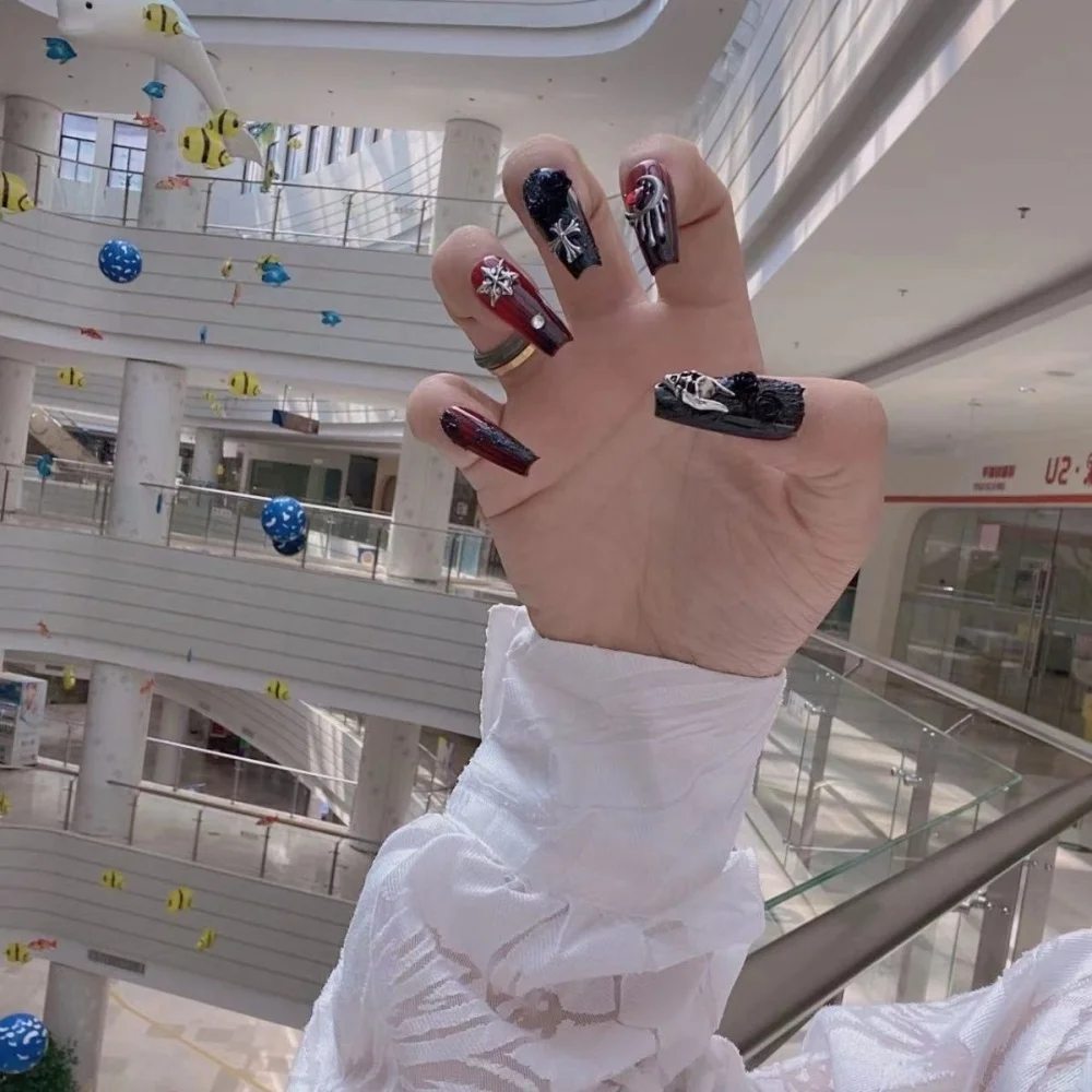 Handmade Y2k Press on Nails Goth Style Black and Red Halloween Fake Nails with Design Full Cover Long Coffin Acrylic Nail Tips