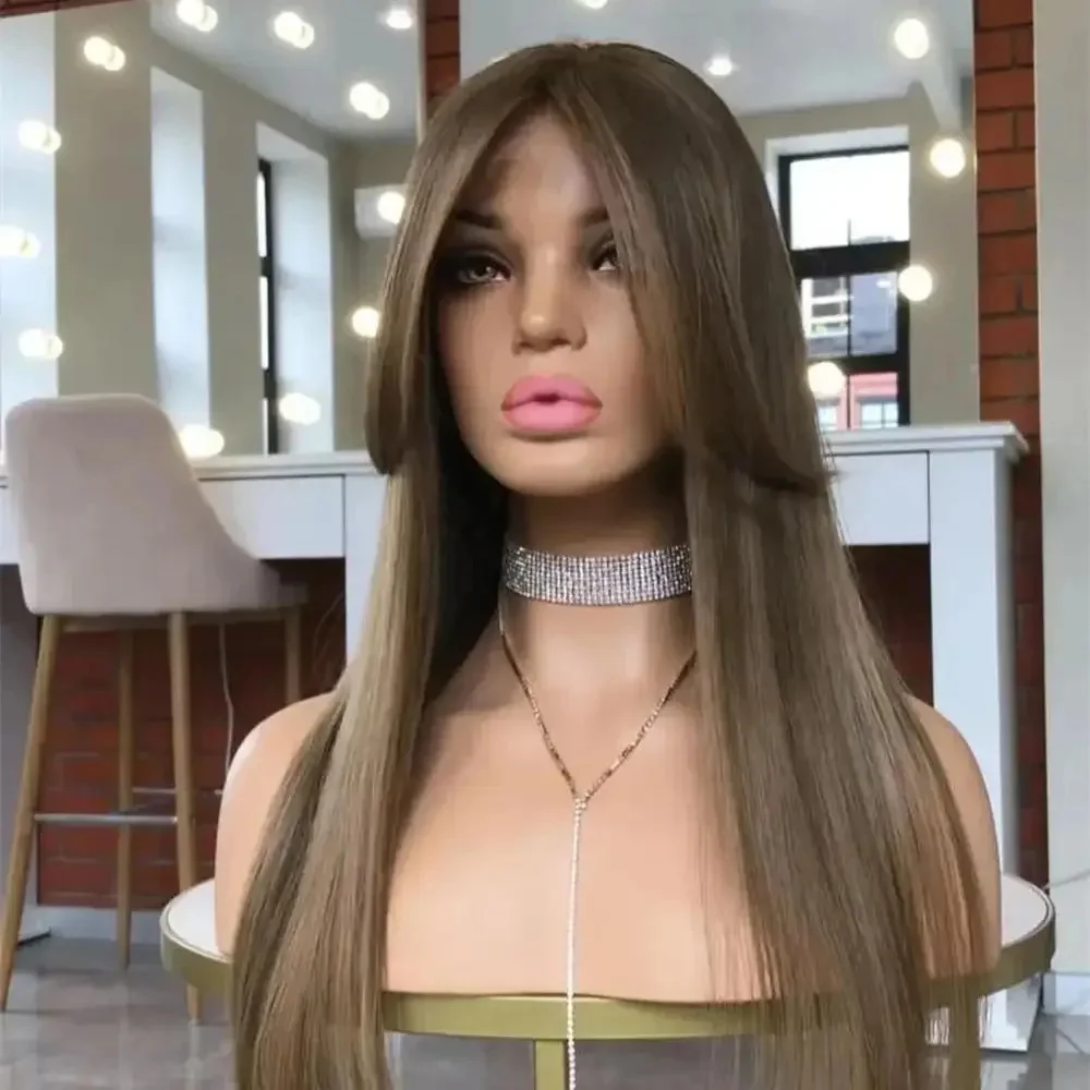 Chocolate Brown Balayage Synthetic Wig Lace Front Long Black Straight Natural Layered Bangs Preplucked for Daily Wear