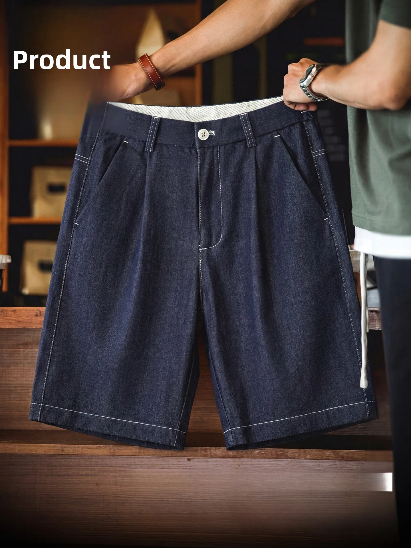 American Retro Men's Denim Shorts Summer Anti-Wrinkle Breathable Loose Straight Cut Workwear Five-Quarter Pants
