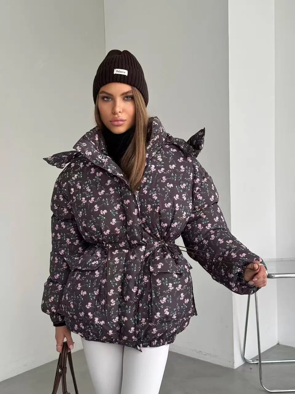 Tornova Fashion Printed Hooded Cotton Coat Women's Lace Up 2025