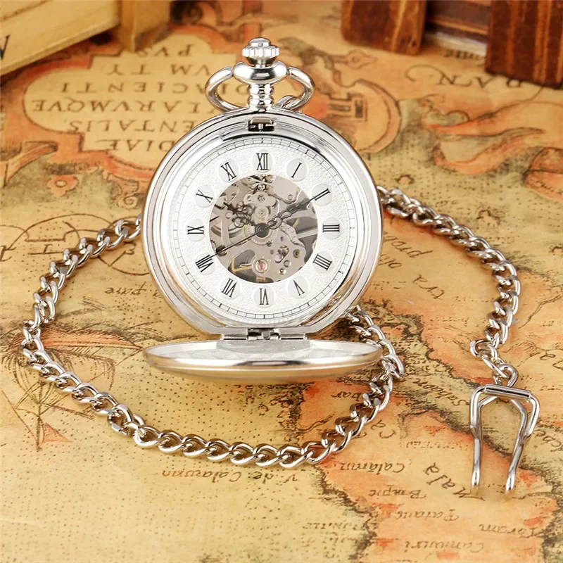 

Silver Pocket Watch Smooth Double Open Hunter Unisex Hand-winding Mechanical Pendant Watches Roman Number FOB Chain Gift