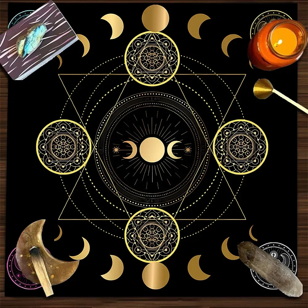 VIKAMA Gold Six Pointed Star Moon Phase Tarot Tablecloth Mystical Occult Altar Cloth Divination Mat Non Slip Mystic Gift