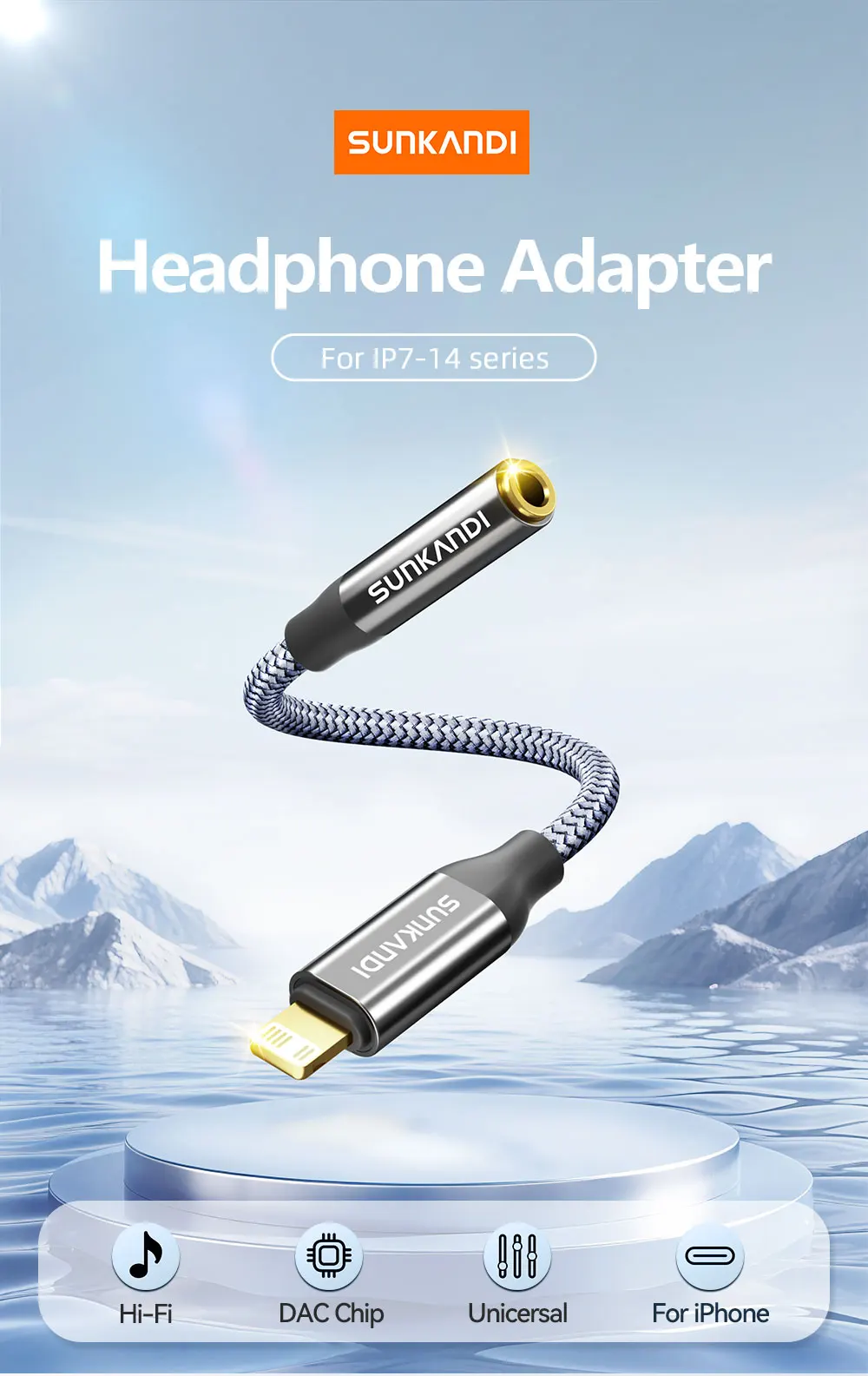SUNKANDI Lightning zu 3,5 mm Kopfhöreranschluss-Adapter für iPhone, DAC-Chip-Adapter Audiokabel für iPhone 14 13 12 11 X XS 8 7 – Detail 1