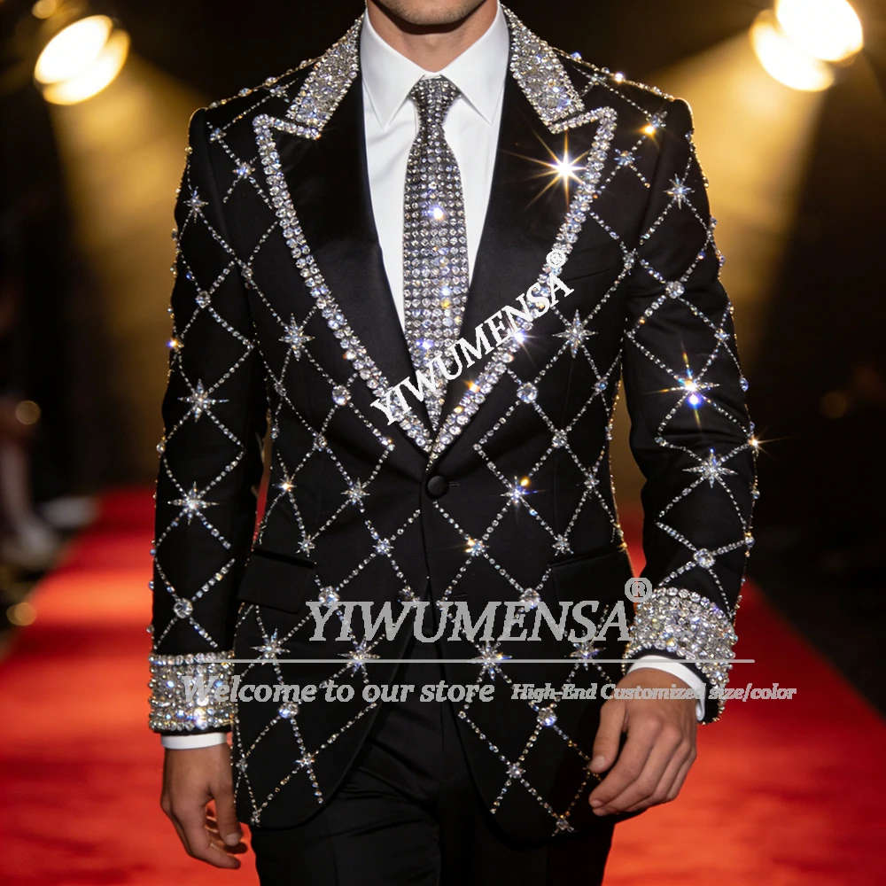 Exclusive Diamond Beaded Suits Men Plus Size Peaked Label Jacket Pants 2 Piece Sets Groom Party Wedding Tuxedos Terno Masculinos