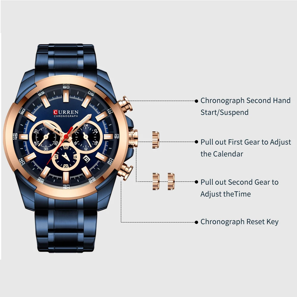 CURREN Luxury Sport Watches for Male Casual Quartz Chronograph Wristwatch Classic Luminous Hands Clock with Stainless Steel Band