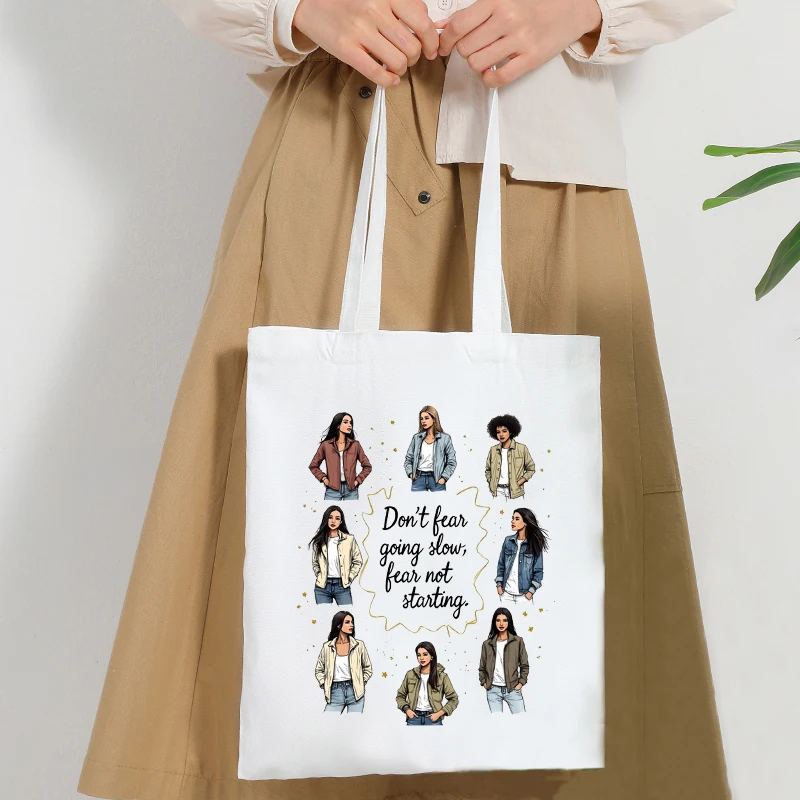 

Motivational Quote Shoulder Bag with Women in Jackets Art, 'Start Your Journey' Gift, Empowering Tote Bag for Work & Campus