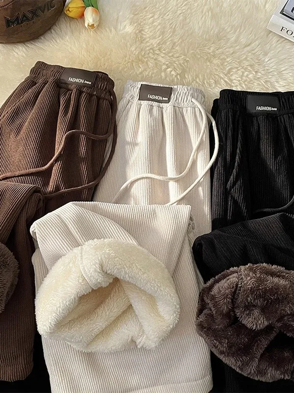 Men's Corduroy Wide Leg Pants Autumn Winter Elastic Waist Lamb Velvet Warm Loose Straight Casual Trousers Fashionable Streetwear