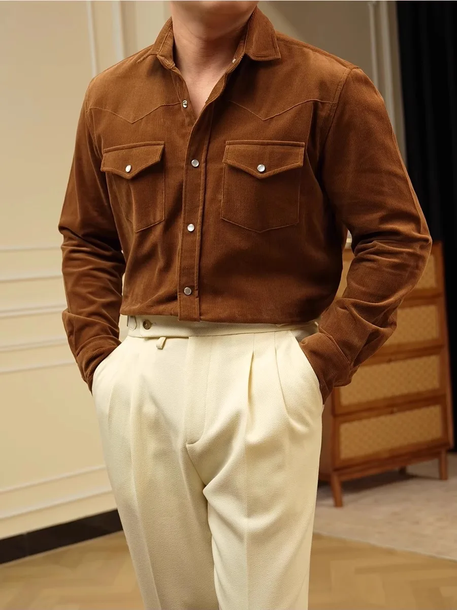 

Autumn Winter Corduroy 00 Cotton Men's irt Italian Sle Square Collar Busin Retro Design Long Sve Casual Faion