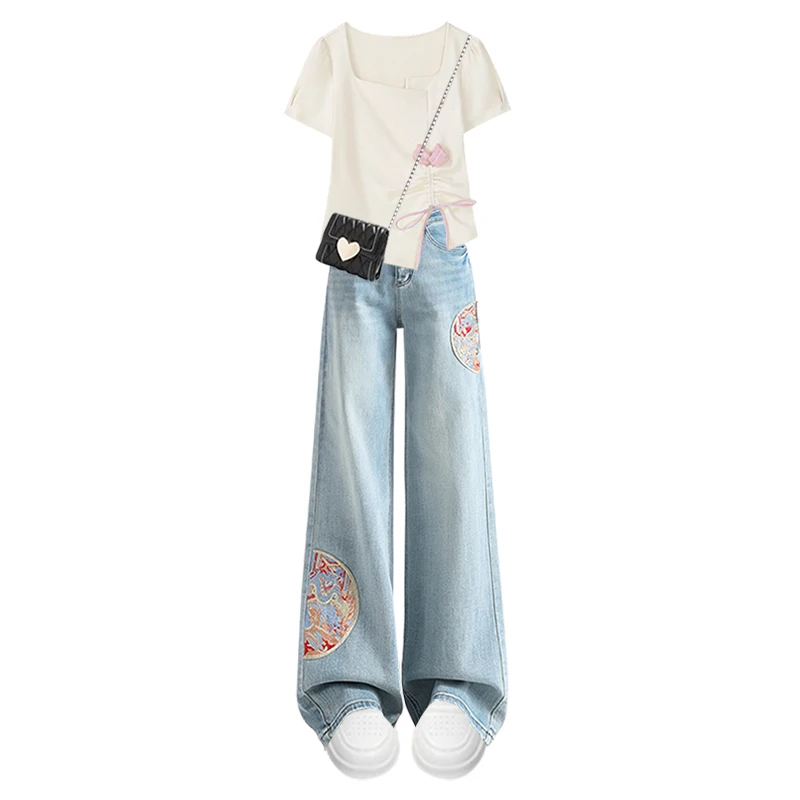 Set di jeans ricamato Ele Top e jeans con colletto quadrato da donna Nuovo set di due pezzi cinese Sle Summer Faion