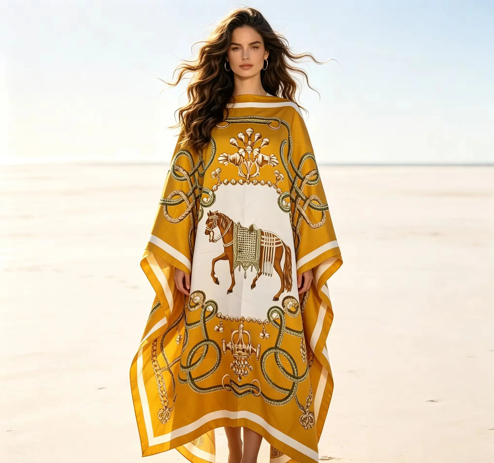 Summer Vintage Horse Pattern Kaftan Dress Plus Size Women Loose Batwing Sleeve Beach Cover Up Long Robe Middle East Boubou