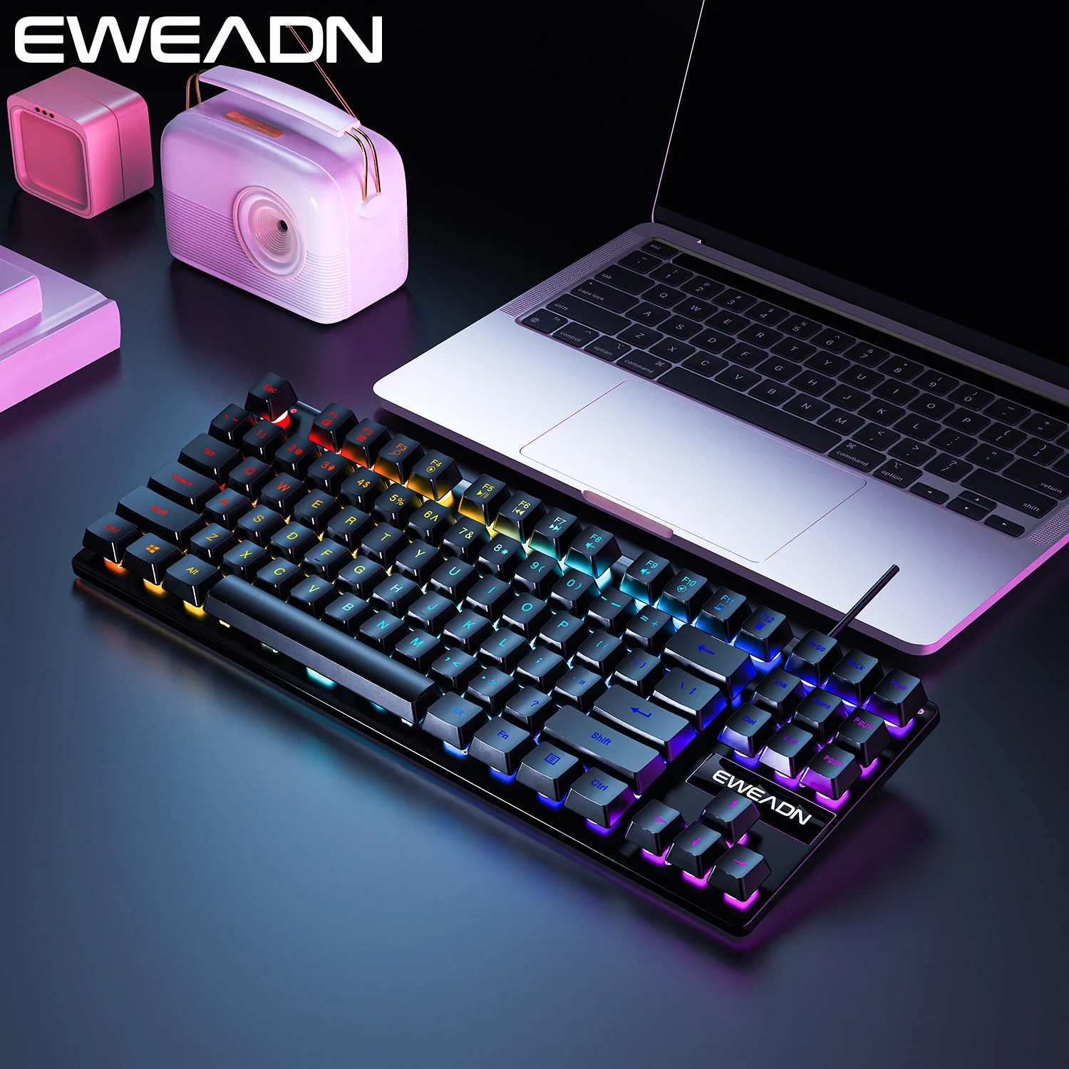 

Игровая клавиатура EWEADN 75%, 87 бесшумных клавиш с подсветкой, проводная портативная конструкция, эргономичная и компактная для офиса и геймеров