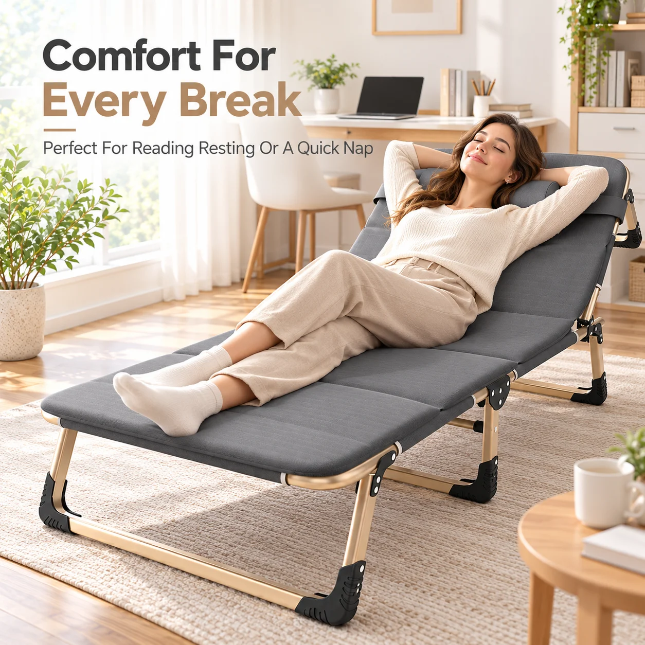 AOLIVIYA Folding Cot Bed Portable Single Guest Bed 4 Position Adjustable Reclining Lounge Chair With Mattress For Office Home