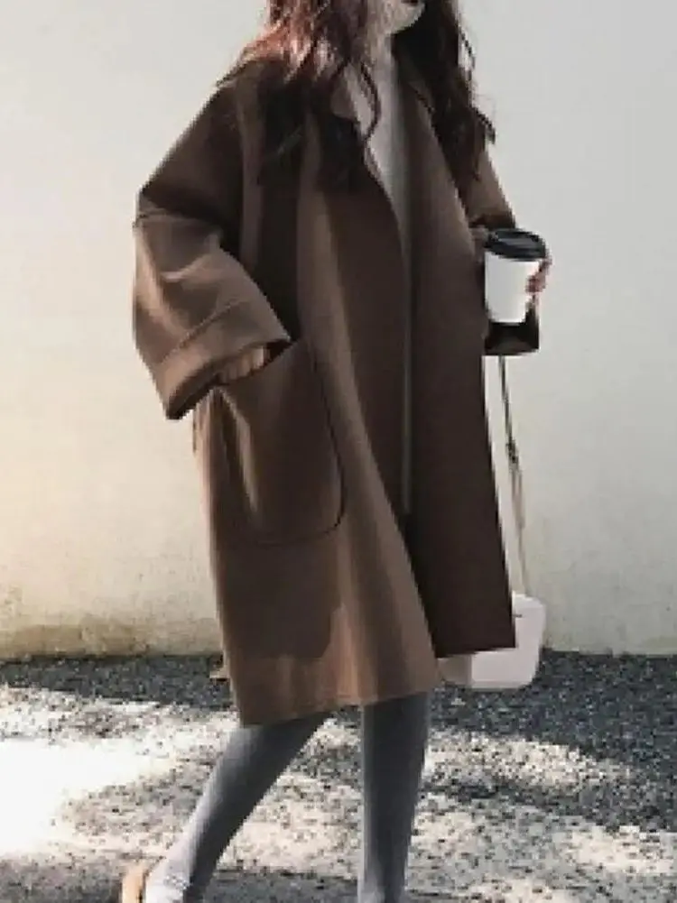 

Свободный крой, длинный джемпер с воротником све, женская повседневная верхняя одежда, однобортный однобортный дизайн на пуговицах средней длины, однотонный дизайн