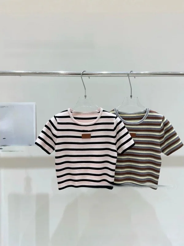 Color Block Striped Short Sleeve T-Shirt Women's Slim Fit High Waist Elastic Simple Summer Top Youthful Style round Neck Shor...