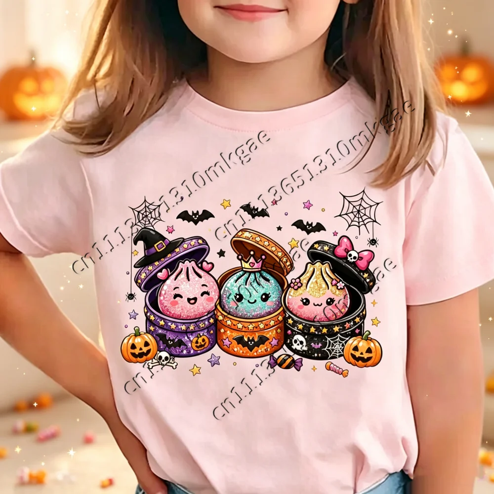 Cute Cartoon Dumpling Halloween Toddler Girls T Shirt Kawaii Pumpkin Spider Bat Graphic Short Sleeve Tees Kids Party Casual Tops