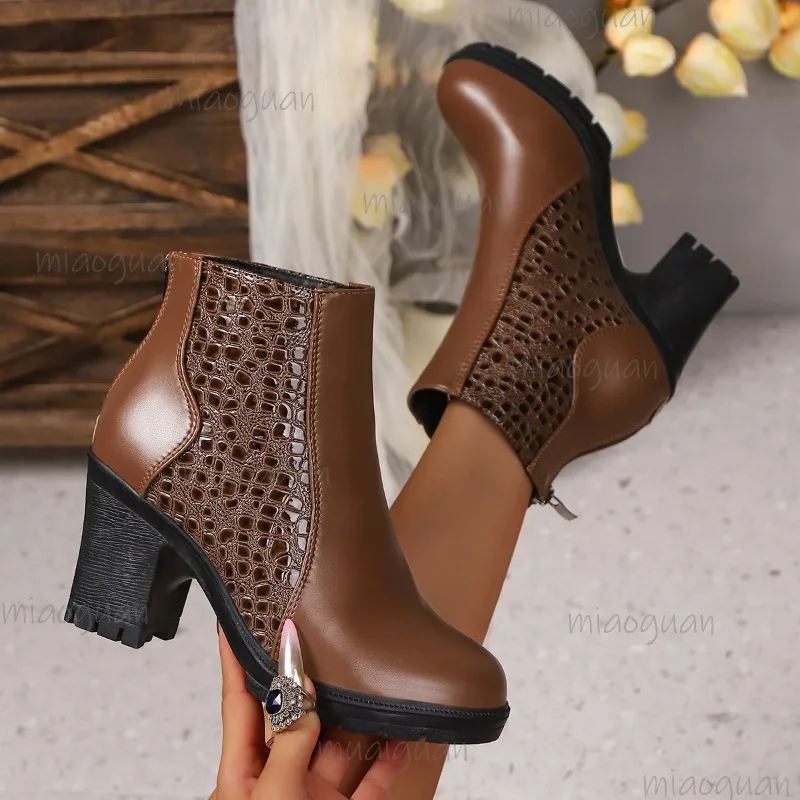 Trend Women's Shoes British Style Round Toe High Heel Short Boots Shoes for Women Autumn Winter Ankle Boots Botines Para Mujeres