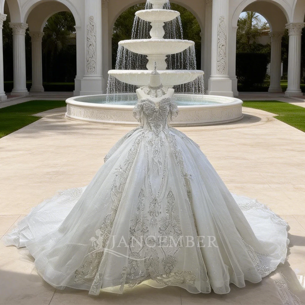 

2026 Sequins Ball Gown Wedding Dresses Short Sleeves Sheer Boat Neck Beaded Princess Bridal Gowns Vestido Fiesta Noche Custom