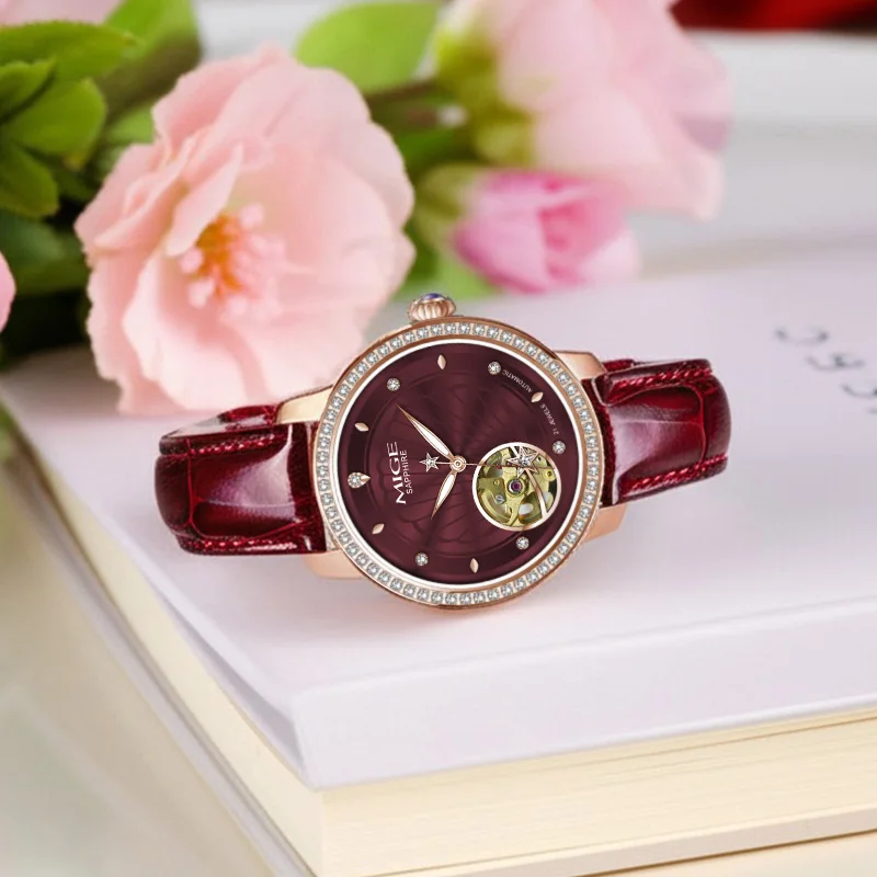 MIGE Luxury Brand Watches for Women Automatic Self Winding Diamond Stainless Steel Waterproof Women‘s Mechanical Wristwatches