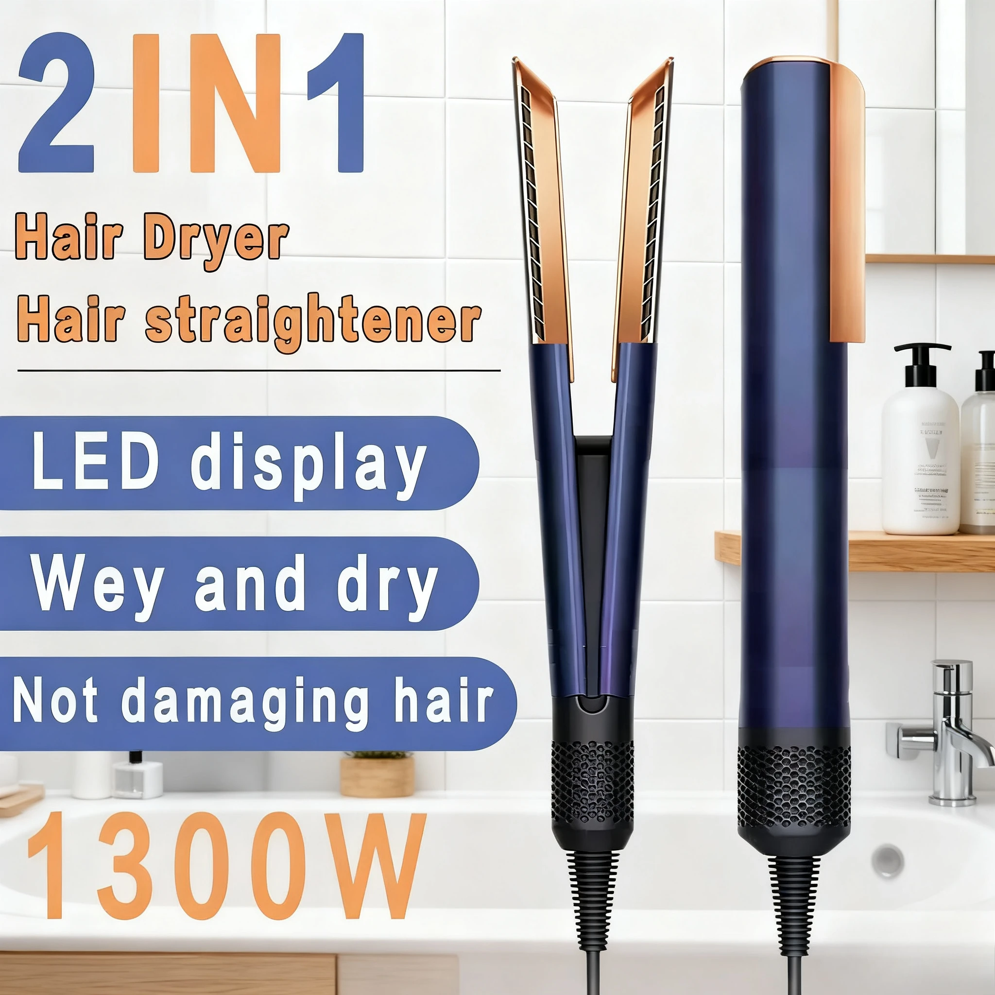 

Professional 2-in-1 Hair Dryer and Straightener Negative Ion Iron Long Lasting Styling Tool Wet and Dry Straightener