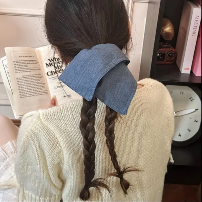 

New 2025 Denim Blue Fabric Square Hair Ties Women's High-End Feeling Hair Ba Large Size Hair Accories for Hair Binding