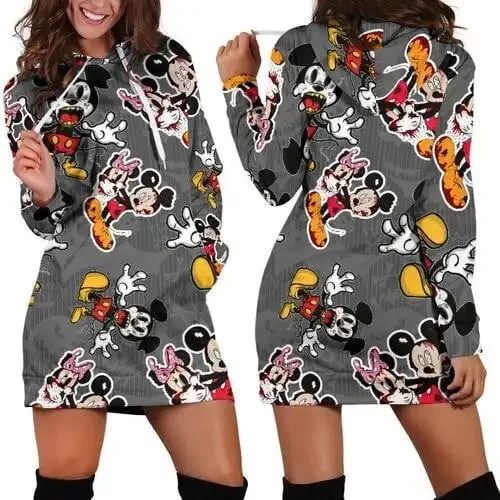 Vestido de camisola do capuz do Mickey Mouse feminino, camisola impressa 3D em todo