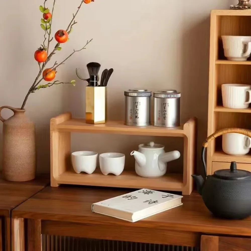 Desktop solid wood shelf, cherry wood, black walnut, beech wood, double-layer tea set, coffee cup storage rack, ornament