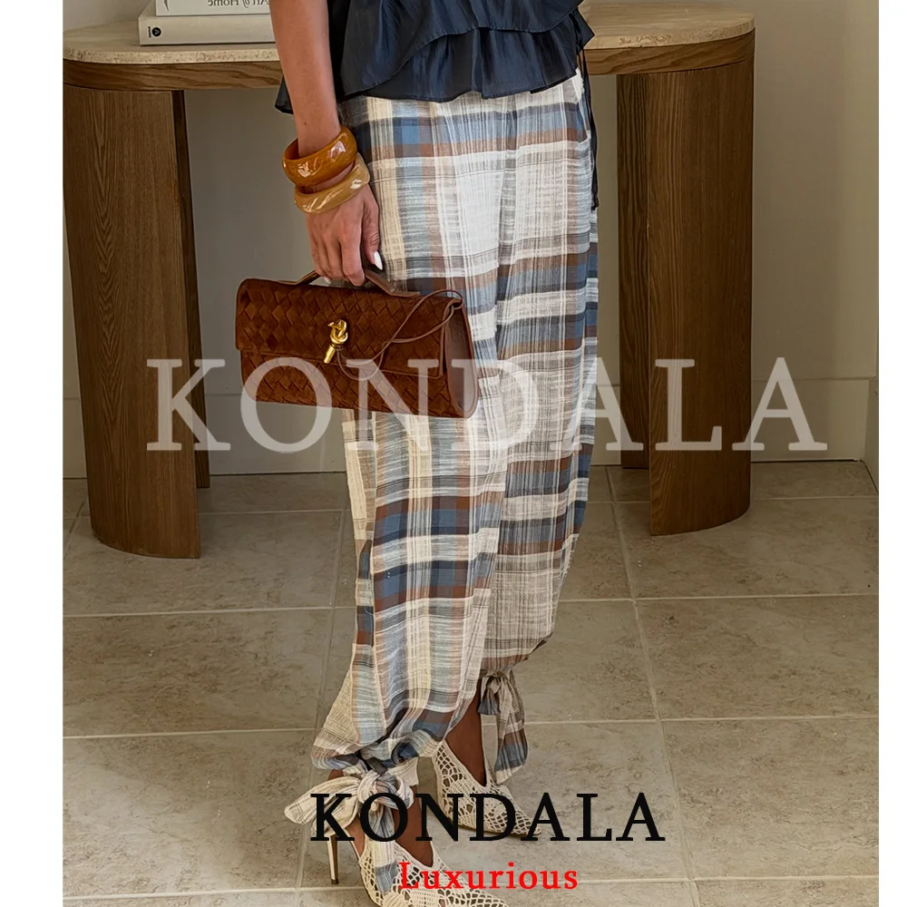 KONDALA Vintage Karierte Damenhose mit Taschen und Bindebändern, Urlaubshose für Damen, Mode 2026 Herbst, Lässige Damenhose mit weitem Bein – Detail 3