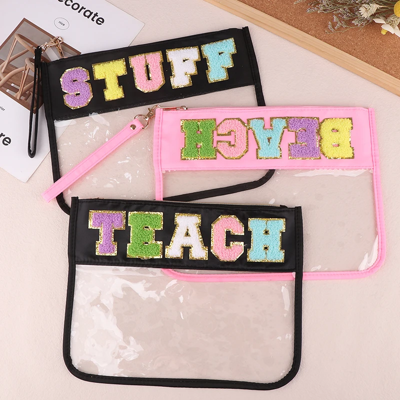 Transparent Travel Waterproof Cosmetic Bag Creative Letters Patch Handheld Makeup Organizer