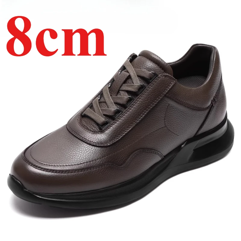 Casual Sneakers 6/8cm Elevator Shoes Men's Genuine Leather Lightweight Comfortable Breathable Thick Sole Height Increasing Shoes