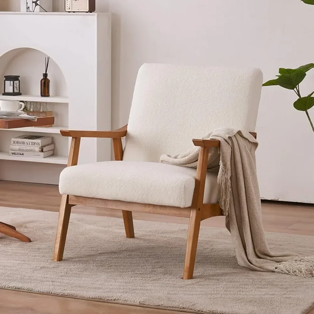 Mid-Century Accent Chair Modern Retro Leisure Chair with Solid Wood Frame Upholstered Teddy Fleece Fabric Single Sofa image 6