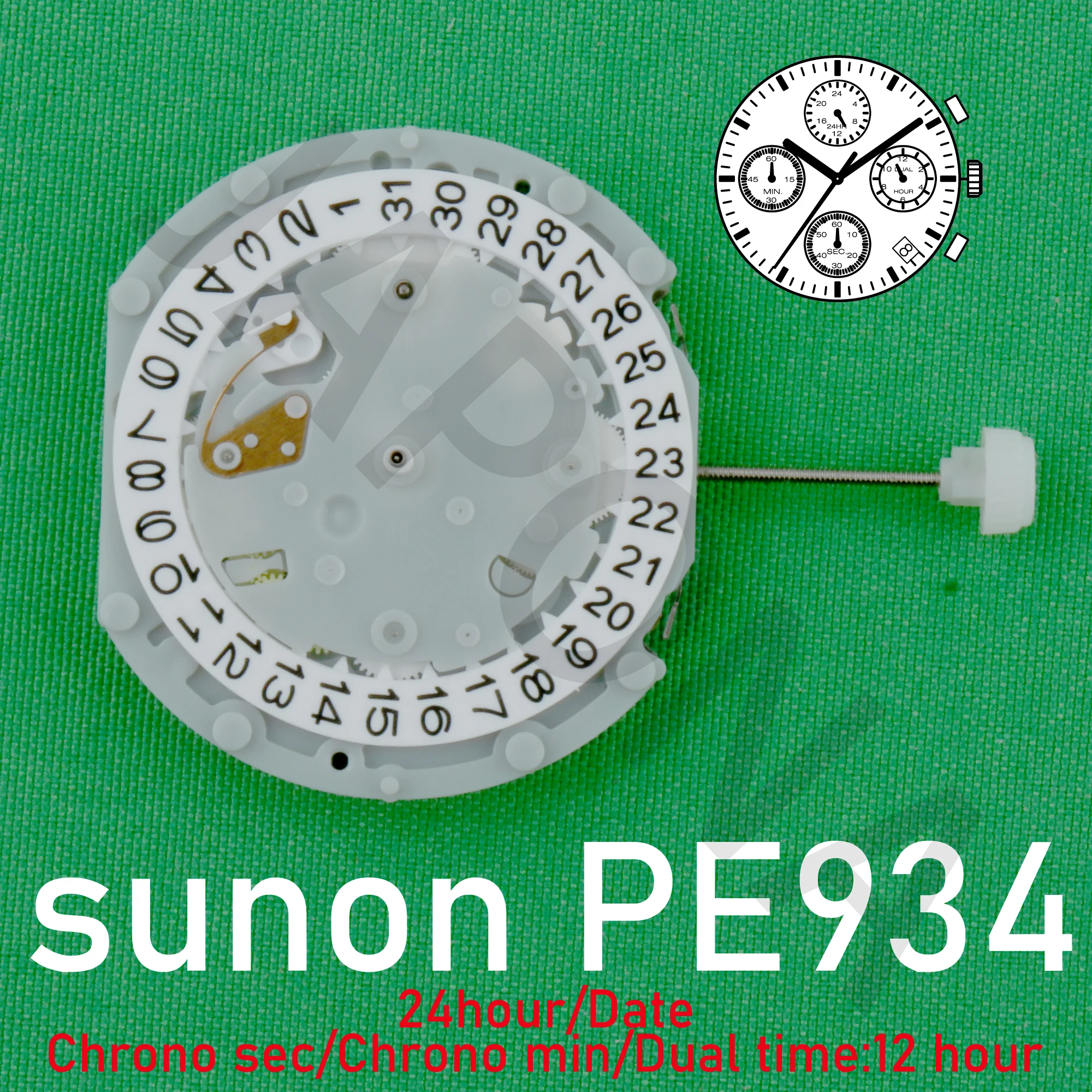 PE934 movement sunon pe93 movement dual time chronograph series 7hands/date/chrone sec/chrone min/24 hour/dual time:12 huor