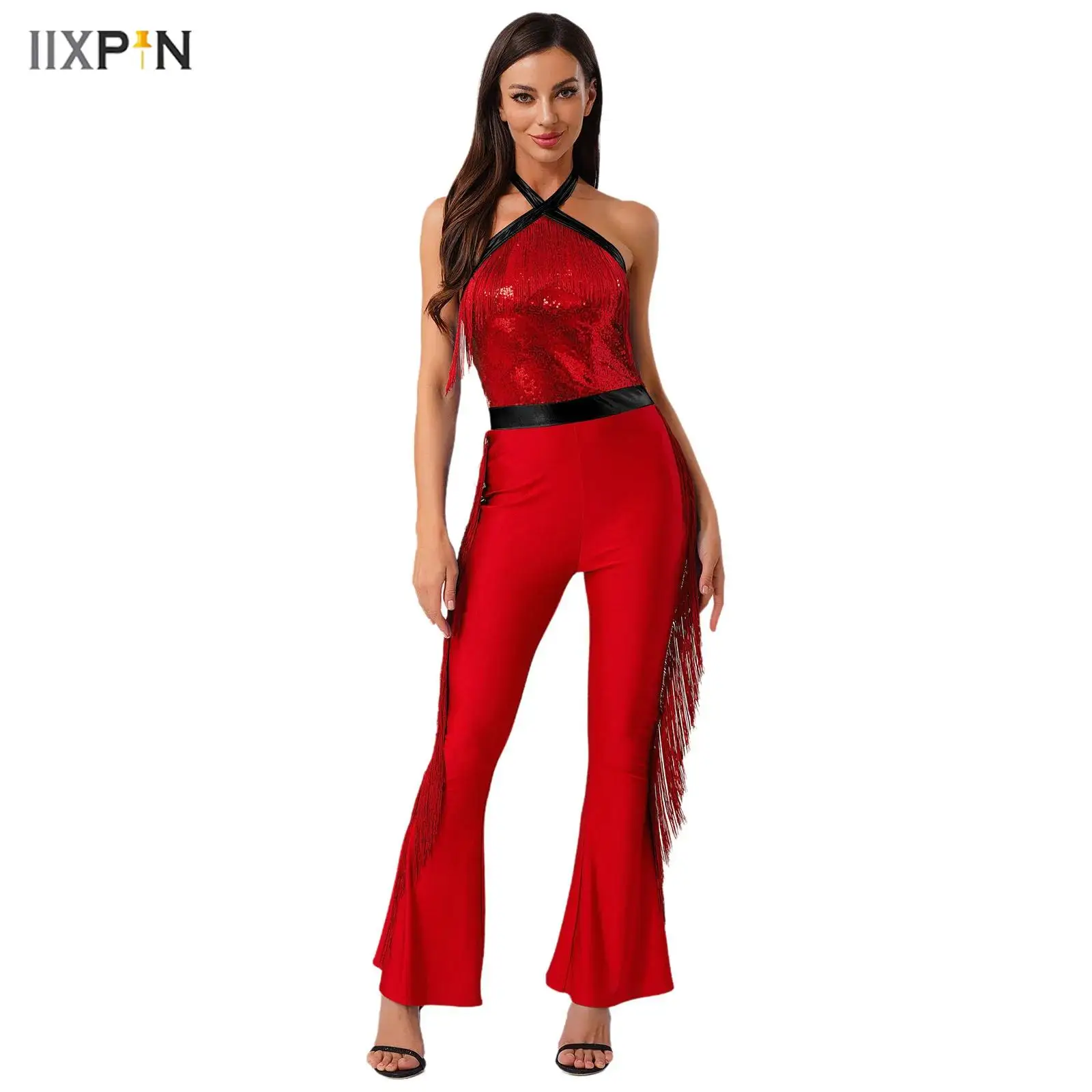 

Womens 70s Disco Latin Dance Rompers Halter Sequined Bodice Metallic Shiny Trim Tassel Fringe Flared Pants One Piece Jumpsuits