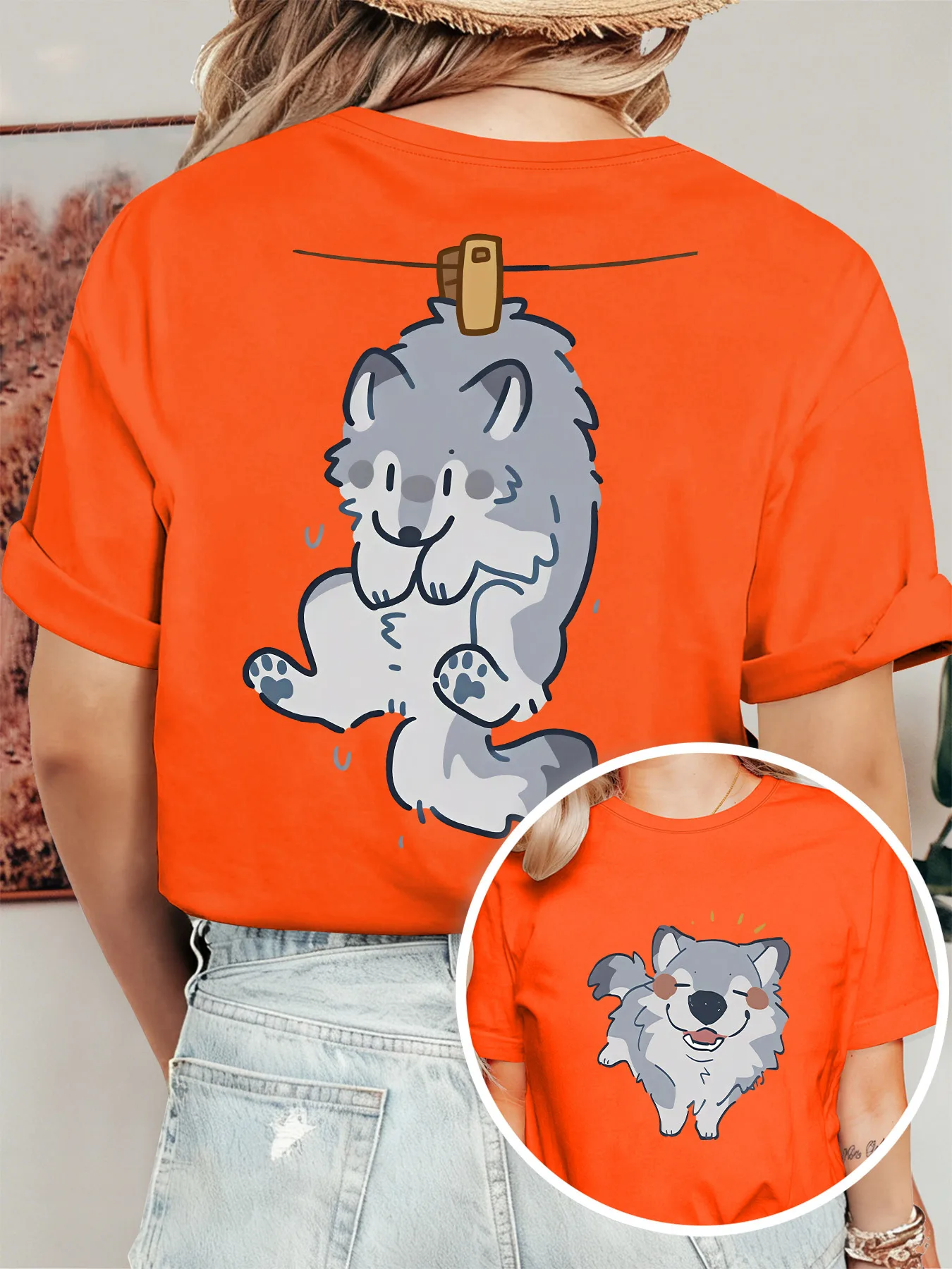 Ladies' Summer Clothes Drying Wolf Print Round Neck Short T-shirt Soft, Fashionable, Cute and Cute Style Top