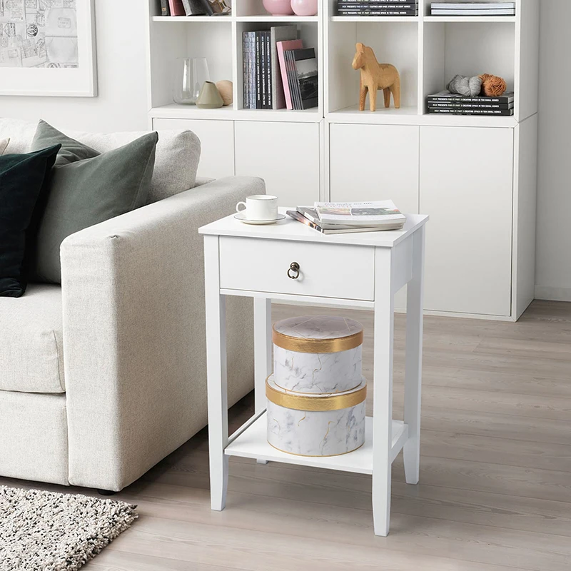 Two-layer Bedside Table Coffee Table with Drawer White