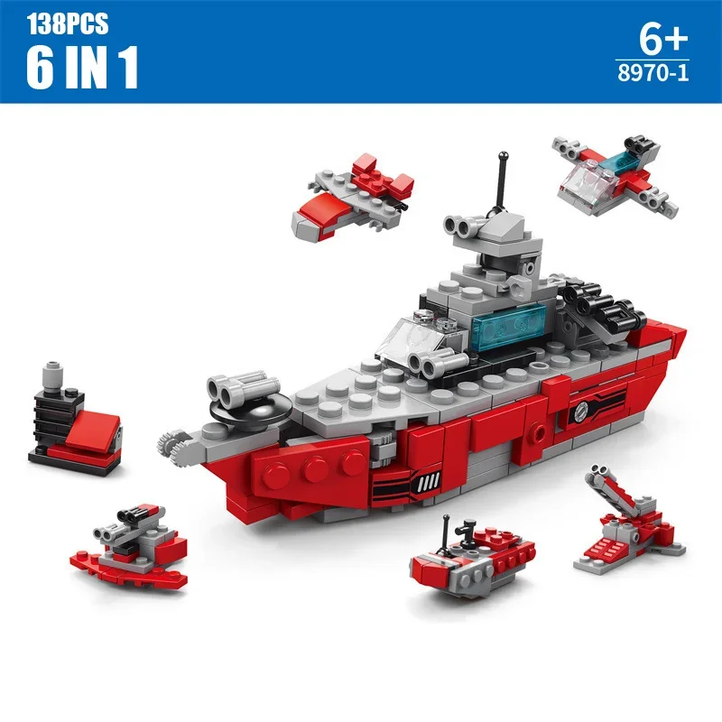 New 6in1 City Warship Tank Excavator Mortar Train Helicopter Model Building Blocks Bricks Sets Classic Kids Toys For Children