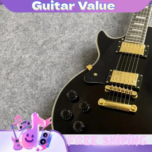 6 String Left Hand Electric Guitar Gloss Black with White Binding HH Gold Humbuckers Rock Performance Guitar Free Shipping