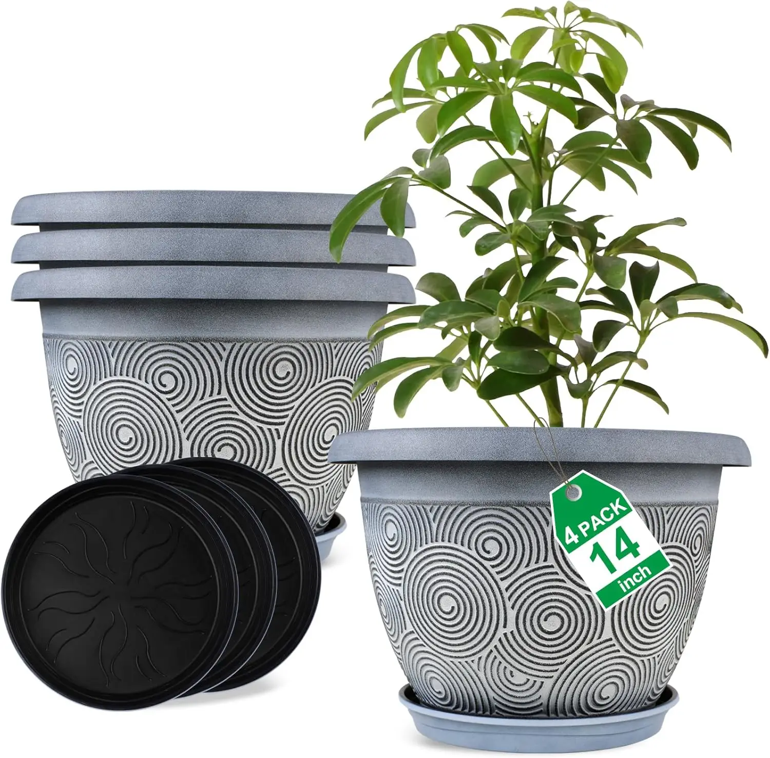

14 Inch Modern Planter Pot Set of 4 with Drainage Holes and Saucers for Indoor Outdoor Plants
