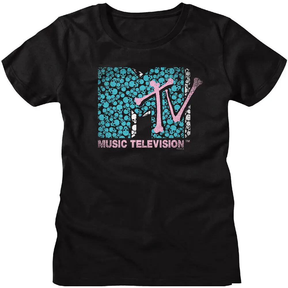 MTV 80's Music Television Blue Skulls Pink Bones Logo Women's T Shirt