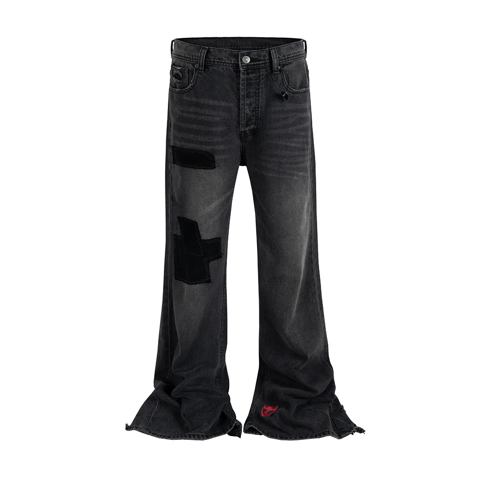 

Corduroy Patch Damages Baggy Black jeans for Men Harajuku Straight Embroiery Loose Casual Denim Trousers Oversized Ropa Hombre