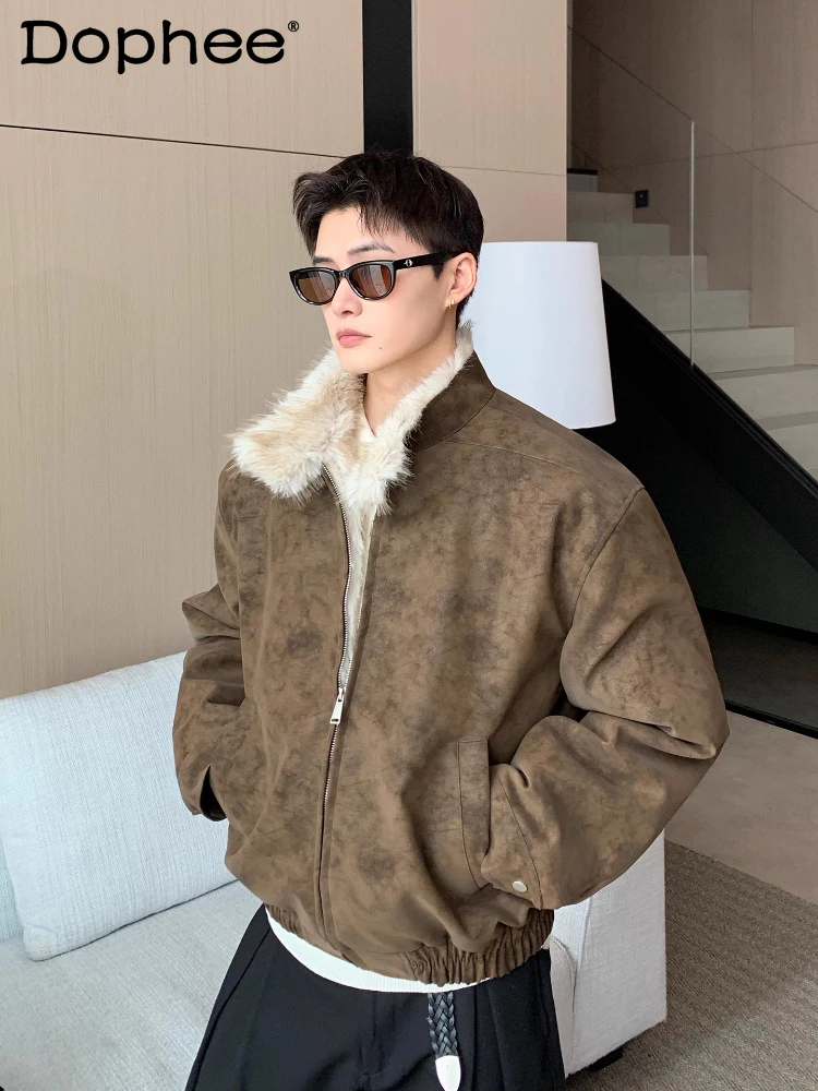 الرجال 2025 شتاء جديد فو فرو المنك بولي Leather الجلود سميكة سترات الذكور وسيم سحاب أكمام طويلة معاطف جيب الديكور شيك سترات #1