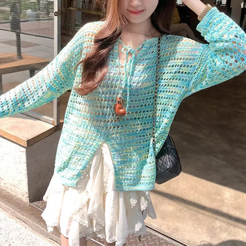 Korean Tie Dye Hollow Sunscreen Lace Up Knitted Sweater Thin Loose Long-Sleeve V-Neck Pullover Jumper Split Chic Women Beach Top